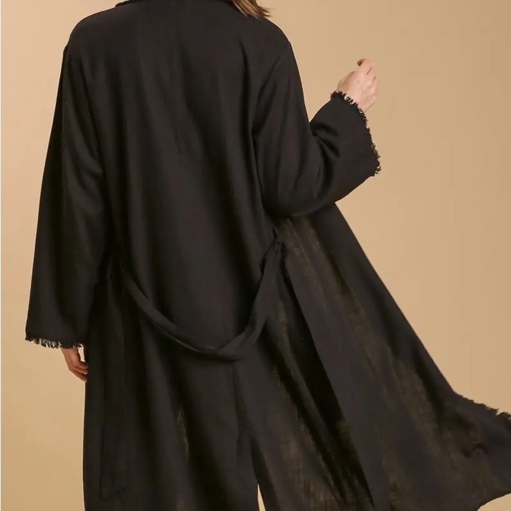 030 UMGEE Linen Blend Open Front Tie Waist Long Jacket with Destressed Details - Picture 5 of 5